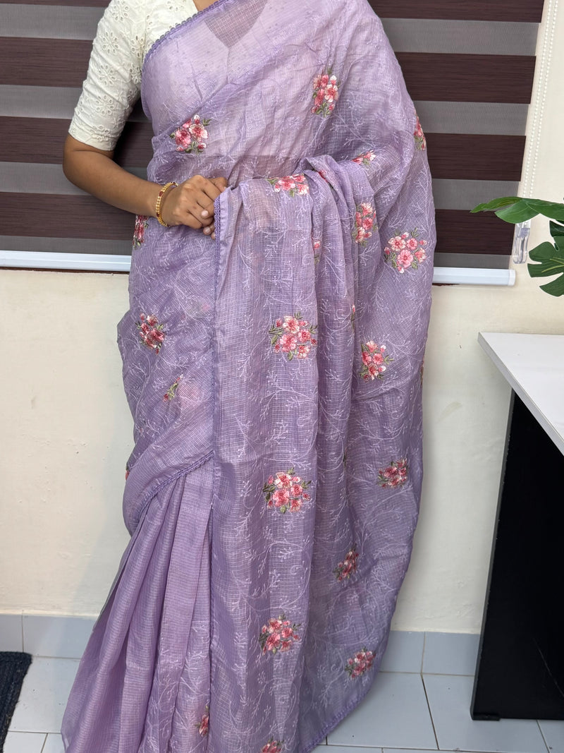 Soft kota checks saree with embroidery - SVPIRR Lavender