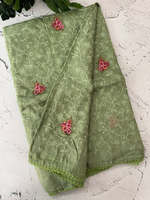 Soft kota checks saree with embroidery - MS7679 Green