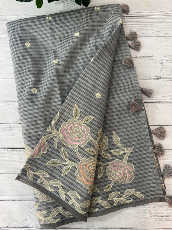 Applique and embroidery work Kota Silk saree MSH118 - Grey