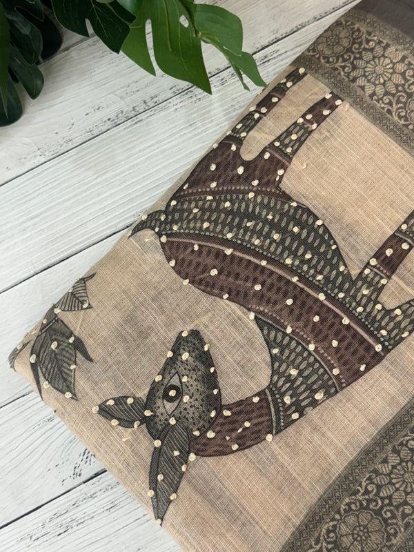 Blended linen saree with knotted embroidery and digital prints MLS4545