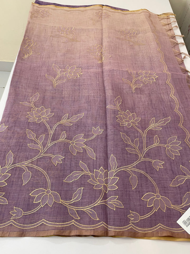 Ombre Soft Tissue linen saree with appliqué work MSL875