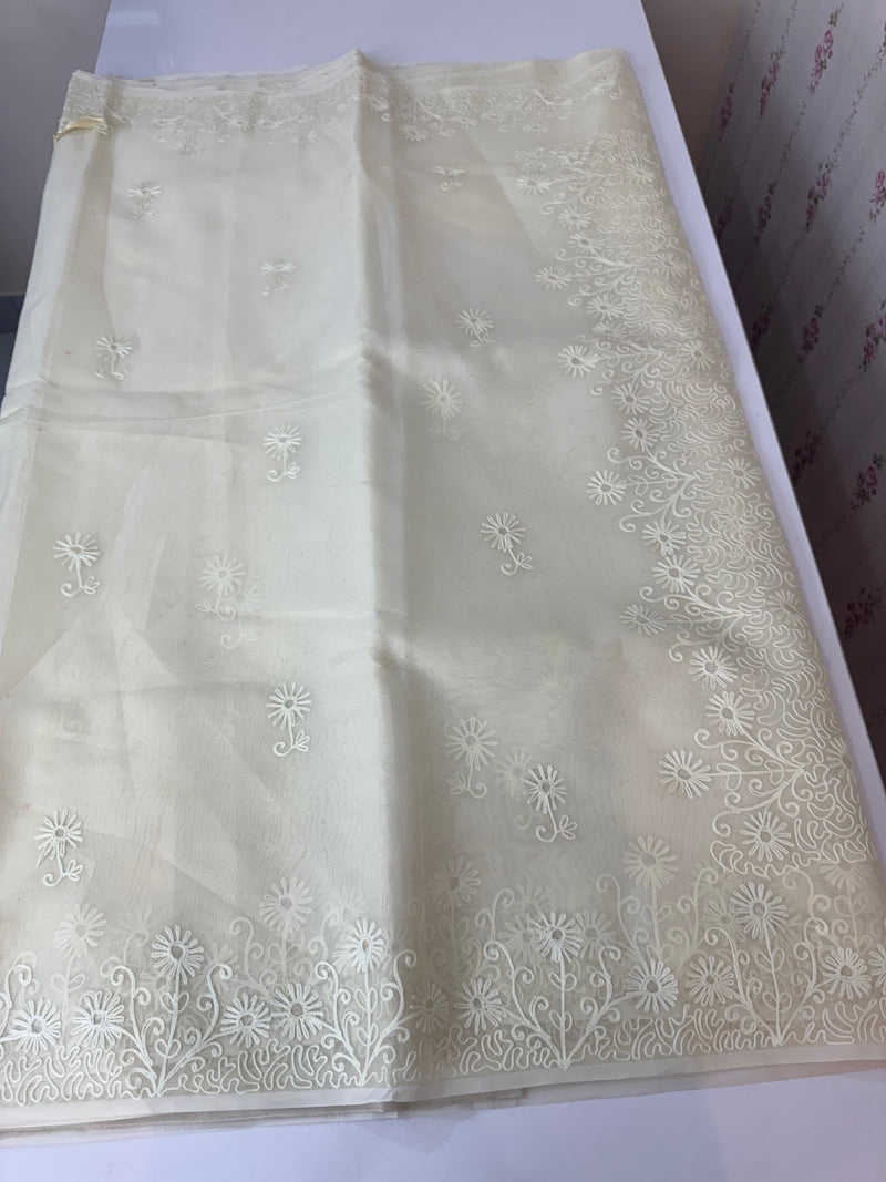 Semi organza saree with lace embroidery MSH117- Ivory