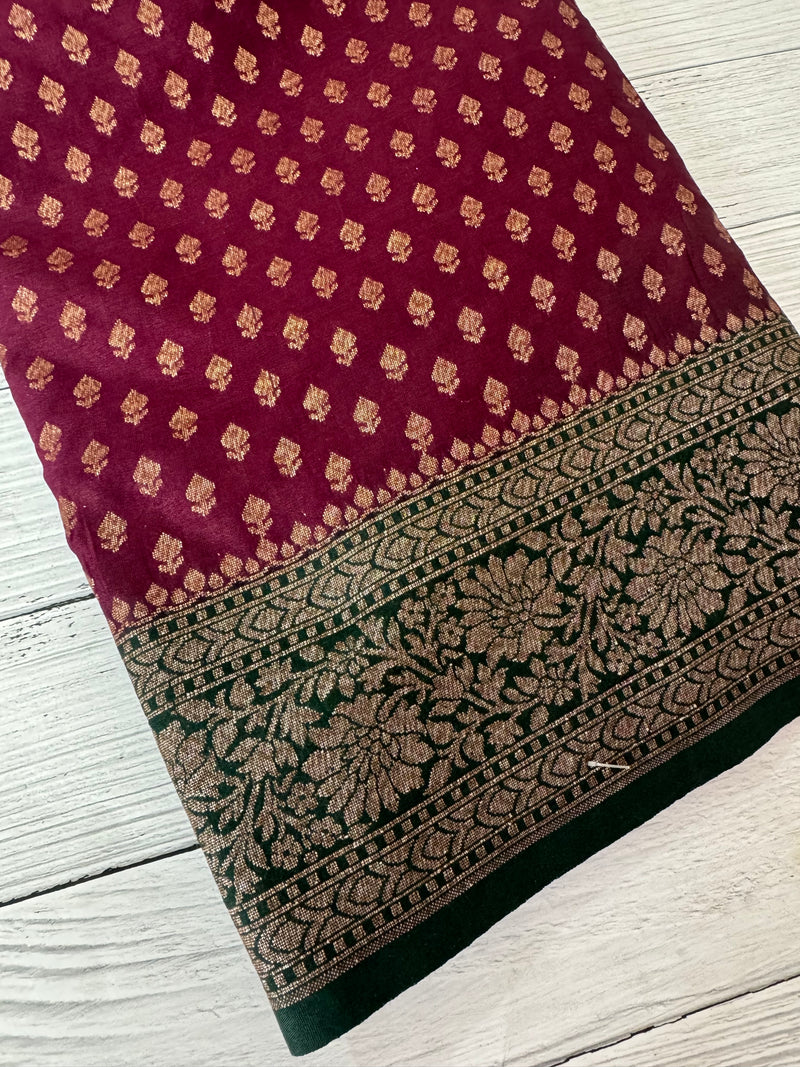 Banarasi viscose Georgette saree MKGS611- Wine to BottleGreen