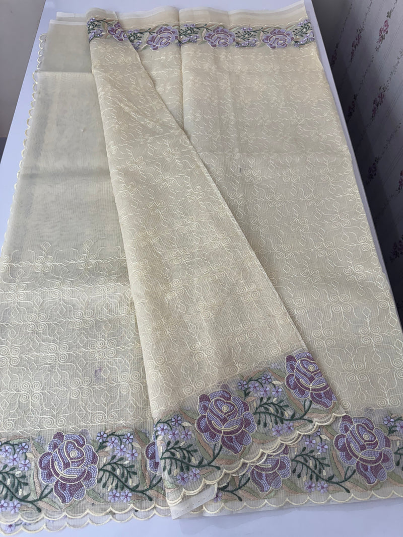 Phulkari NetKota embroidery saree - MSH107 Offwhite to Lavender