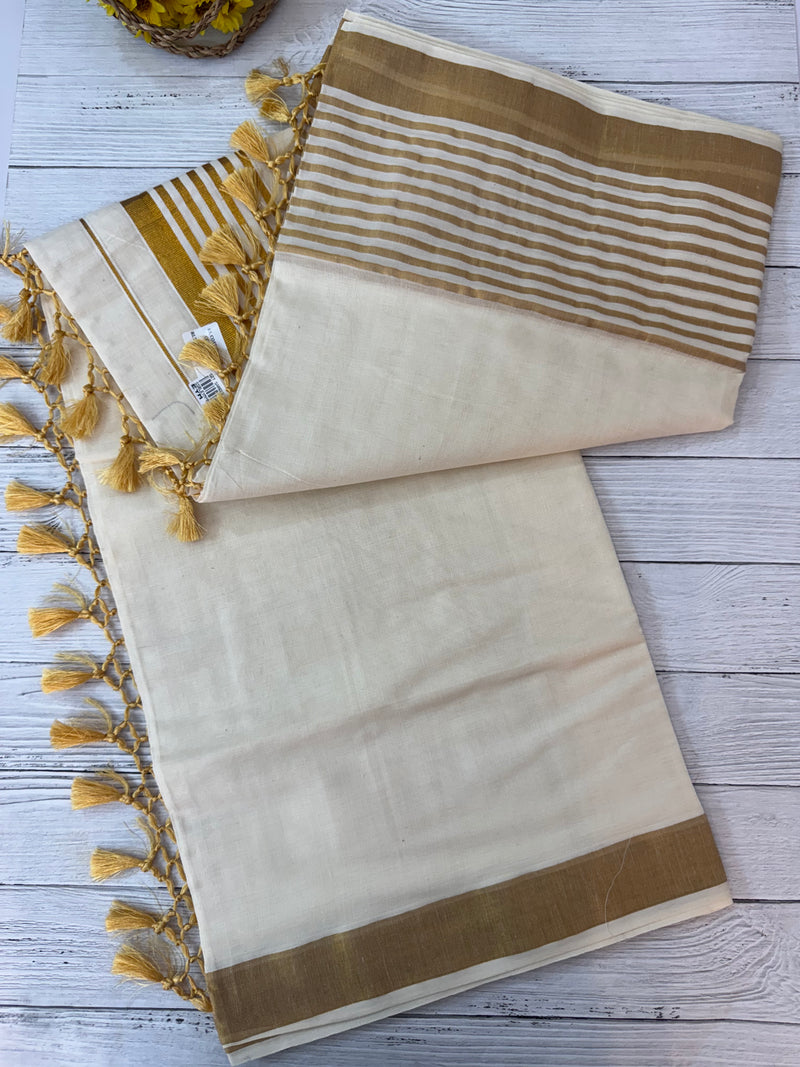 Kerala cotton saree  with one side thick border- Gold