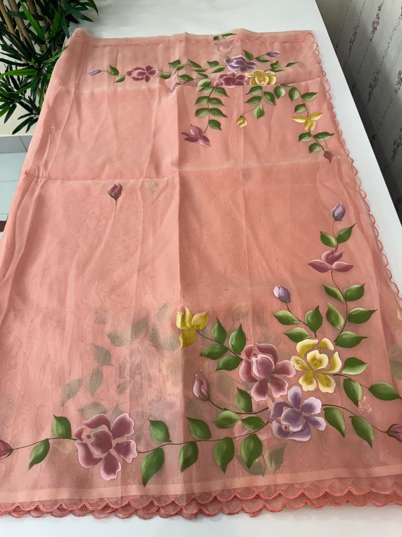 Handpainted soft organza saree SSKW18- Peach