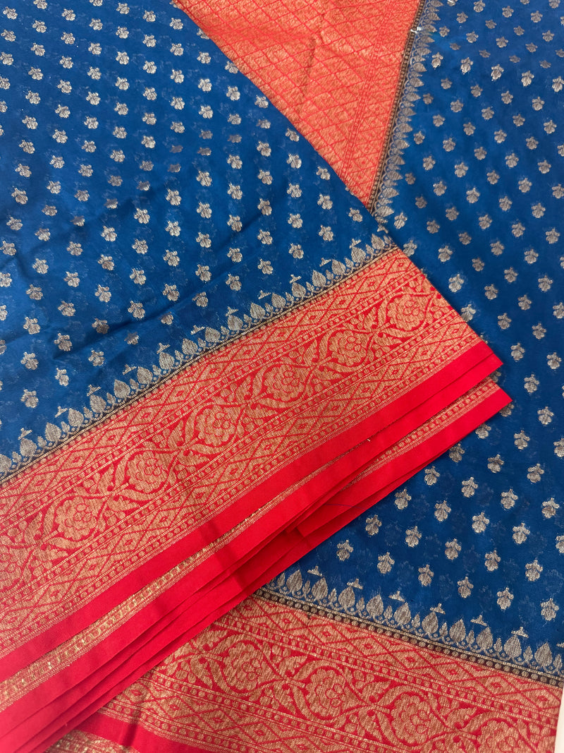 Banarasi viscose Georgette saree MKGS611- DeepSeaBlue to Red