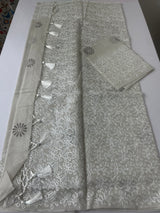 Supernet blockprinted saree with aari work MSUP311 LightGrey