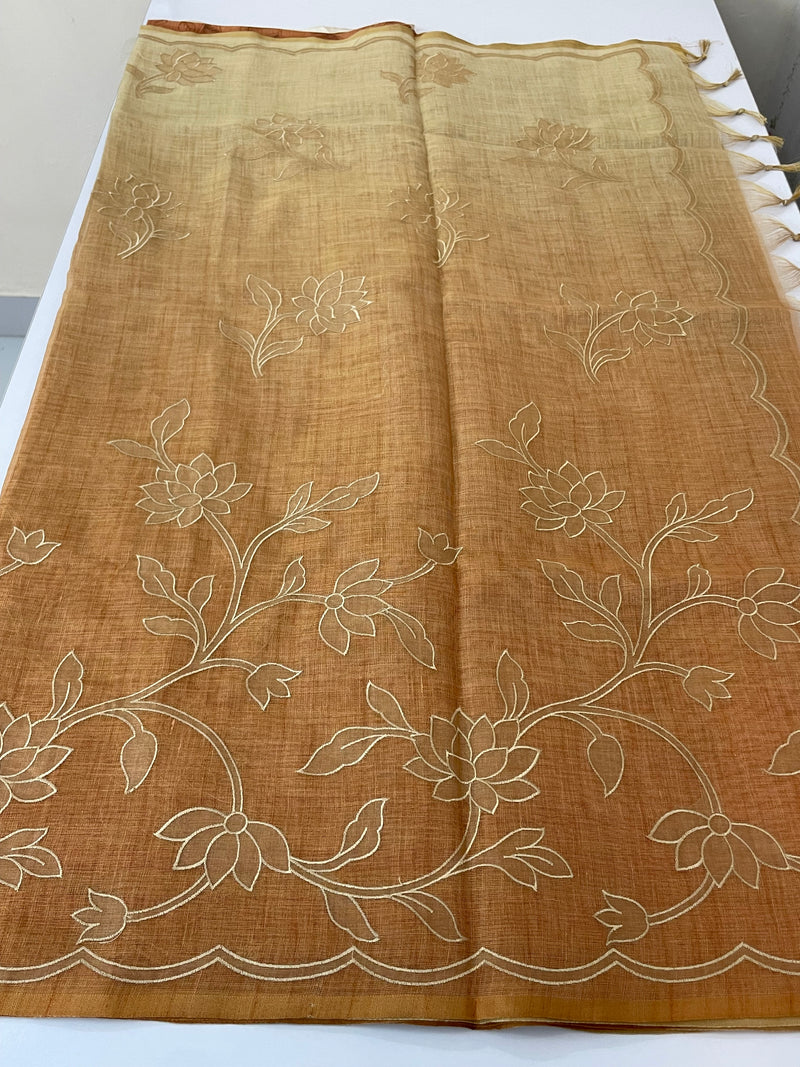 Ombre Soft Tissue linen saree with appliqué work MSL875
