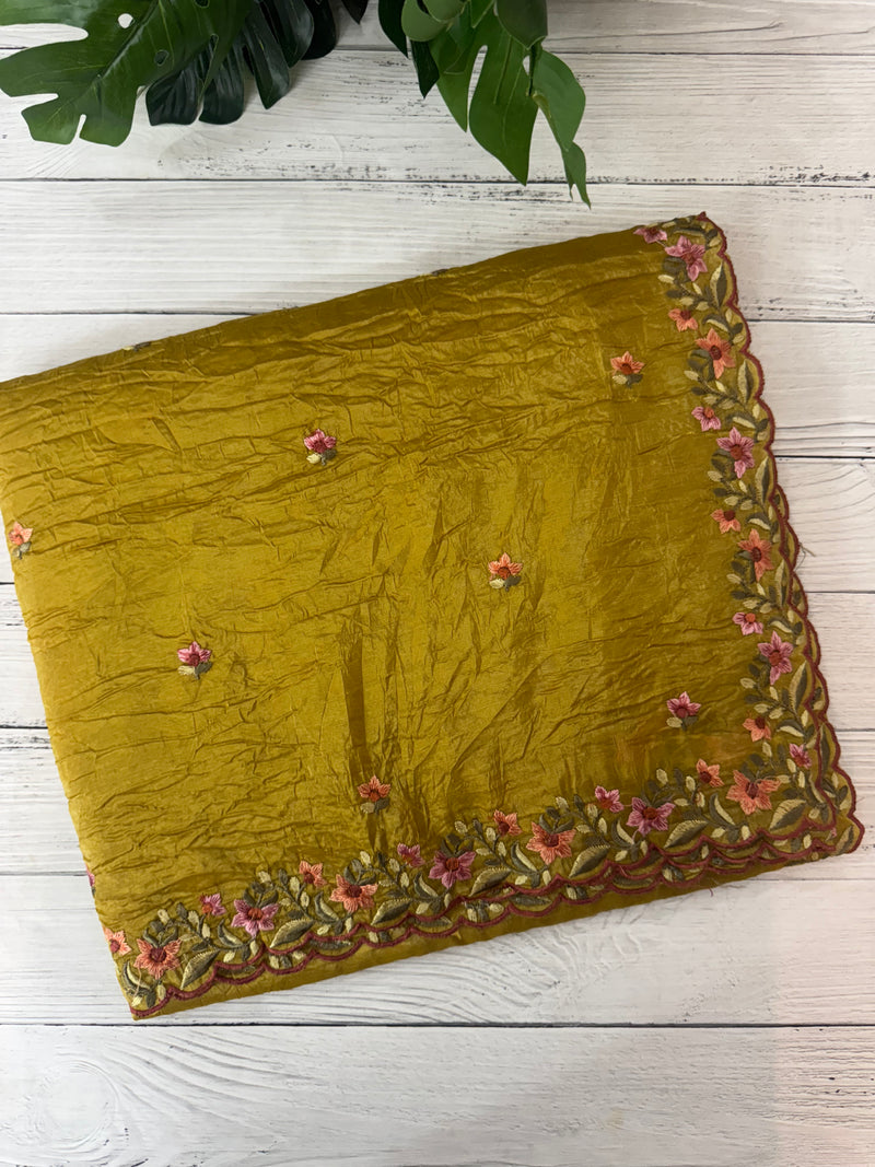 Crush Organza embroidery saree MS14567- Greeny Mustard