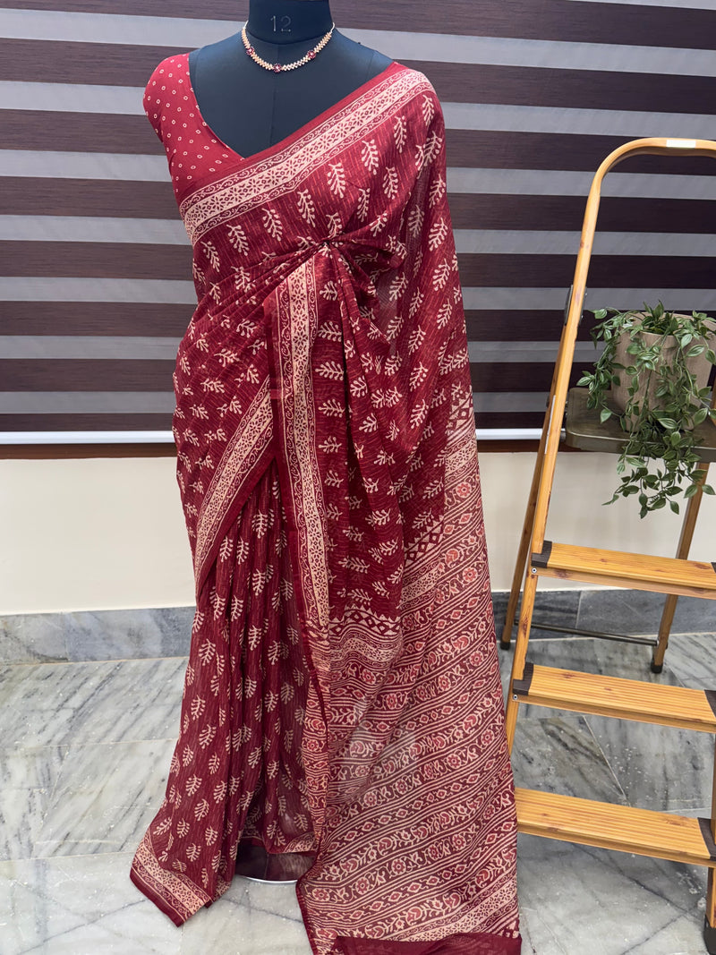 Hand block printed pure kota doria saree MBKD457