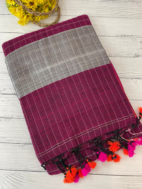 Linen checks saree with zari border MLS9788