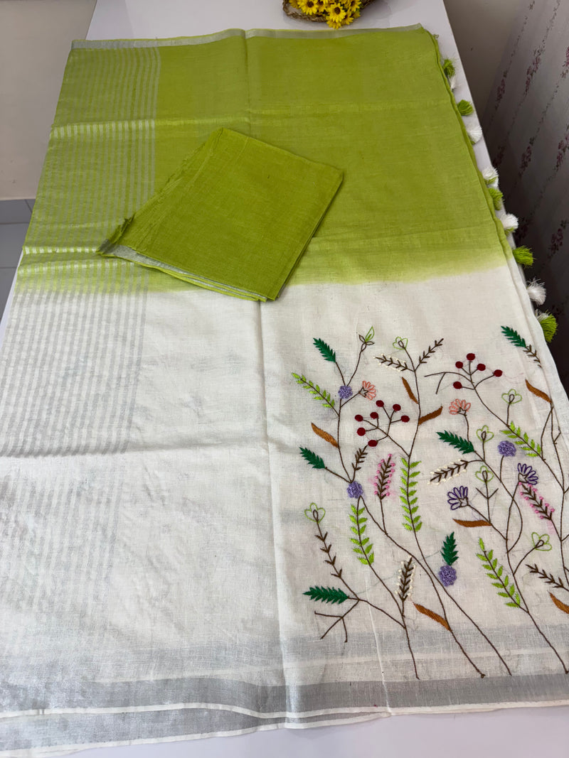 Linen blend Saree with hand embriodery MLS611