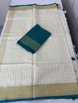 Linen cotton saree with gold zari checks MLS9766- RamaGreen