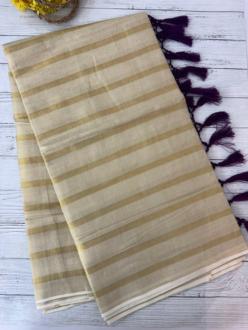 Kerala tissue saree - Stripes with Vadamalli Tassels