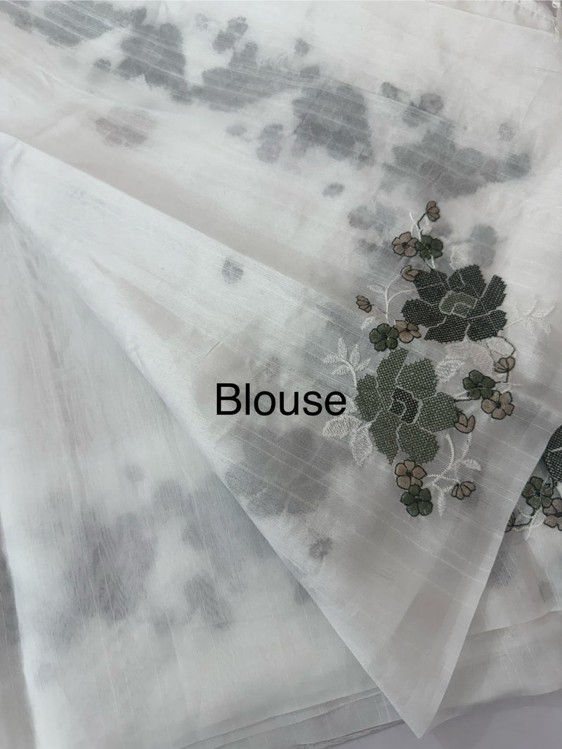 Crushed Blended tussar silk saree with cross stitch embroidery- MSB7979 White