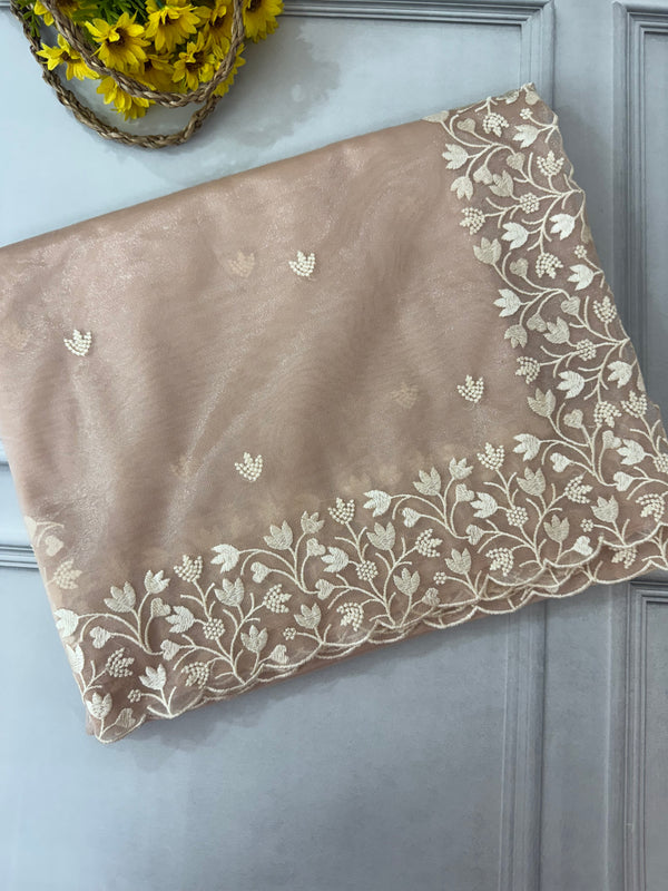 Glassy tissue organza saree with embroidery FKSF88- PastelDuskyPeach
