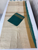 Linen checks saree with zari border MLS9766- Cream & RamaGreen
