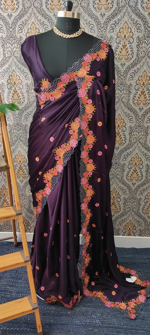 Cutwork Satin soft silk saree- BSSCYYC DarkViolet