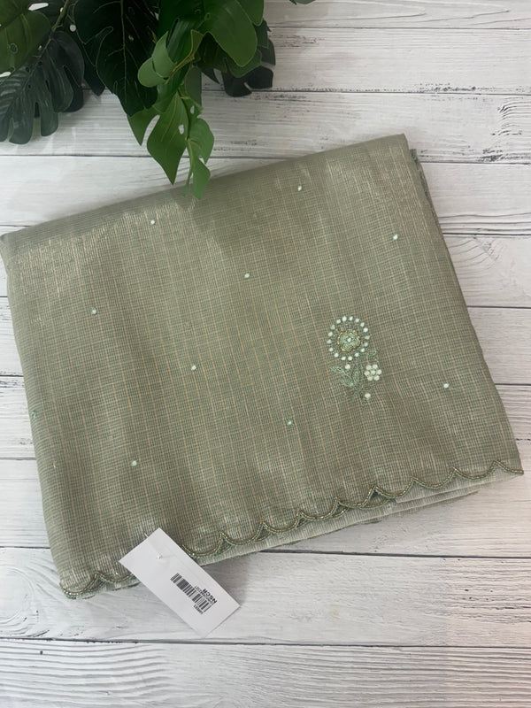 Tissue silk saree with foil work and cutdana scalloped border 
MTSS432 - DuskyGreen