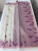 Tissue silk saree with zari checks and applique work  MSH105- Offwhite to PinkLavender