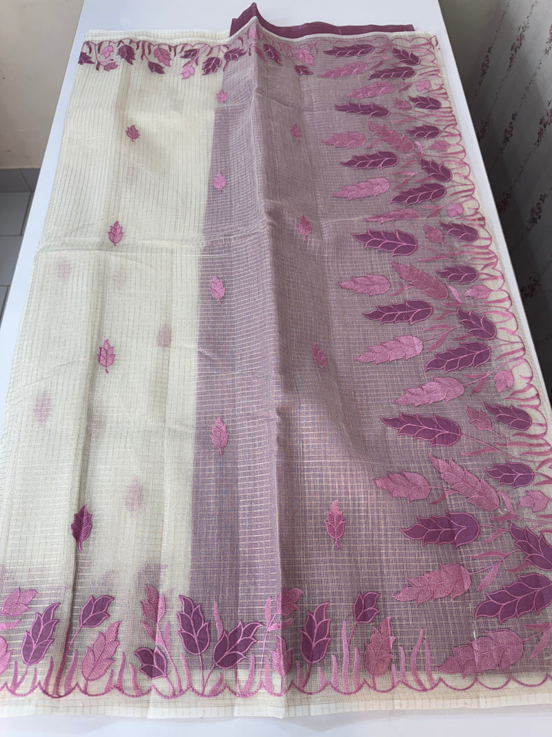 Tissue silk saree with zari checks and applique work  MSH105- Offwhite to PinkLavender