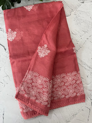 Soft kota checks saree with embroidery - MS7676 Peach