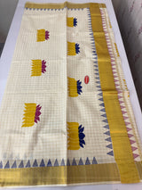 Kerala cotton saree checks - lotus prints