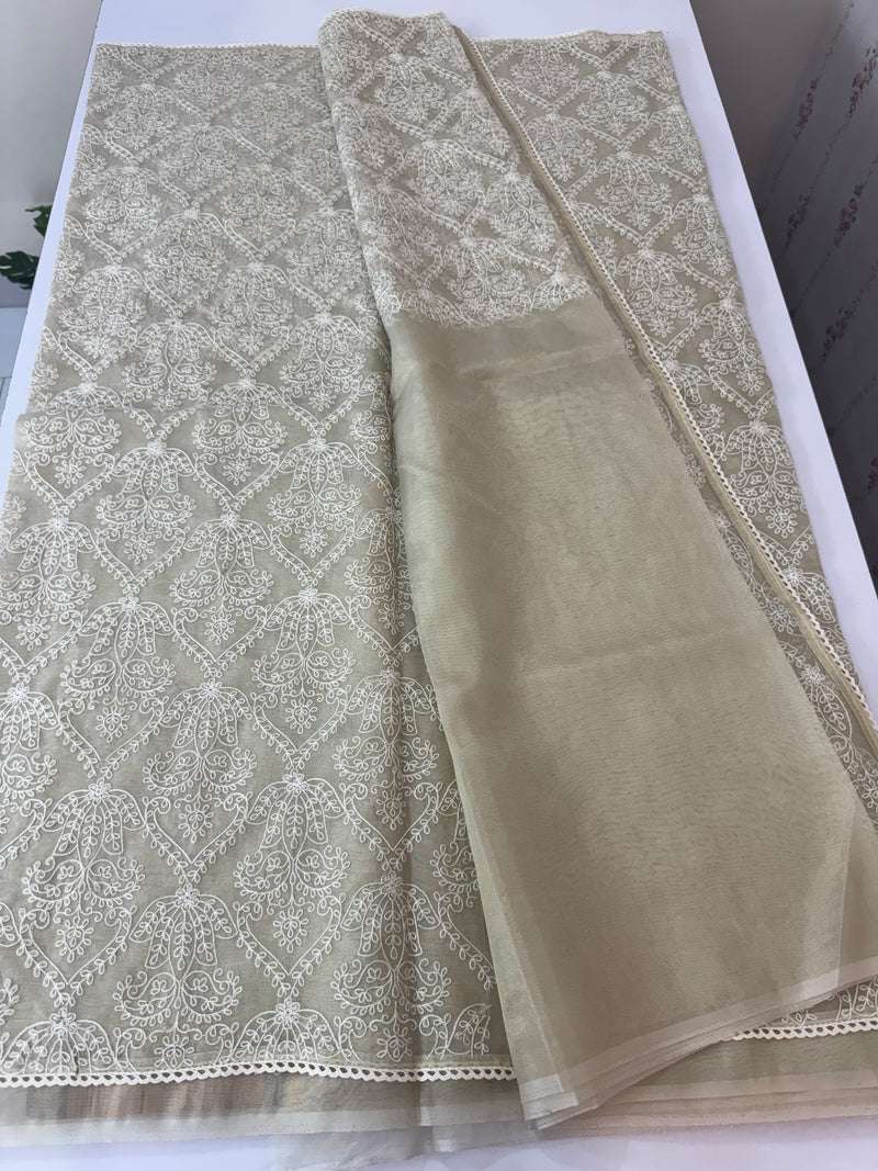 Embroidered Designer Tissue silk saree MTSS68 Offwhite