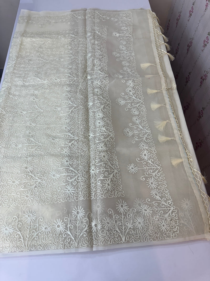 Semi organza saree with lace embroidery MSH117- Ivory