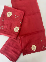 Unstitched Malai chanderi suit set with applique work- MK157 CrimsonPink