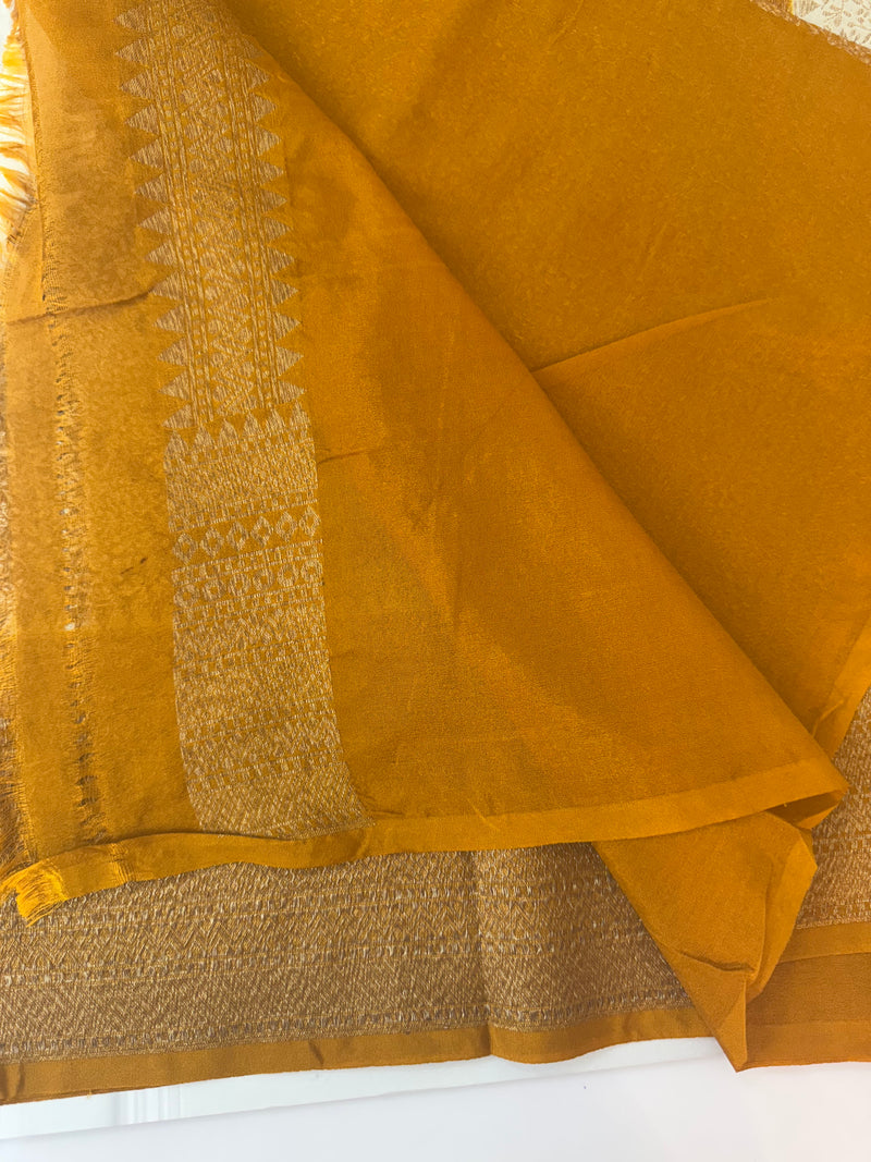 Semi katan Banarasi saree with antique zari weaving MSKZ250 Offwhite & Mustard