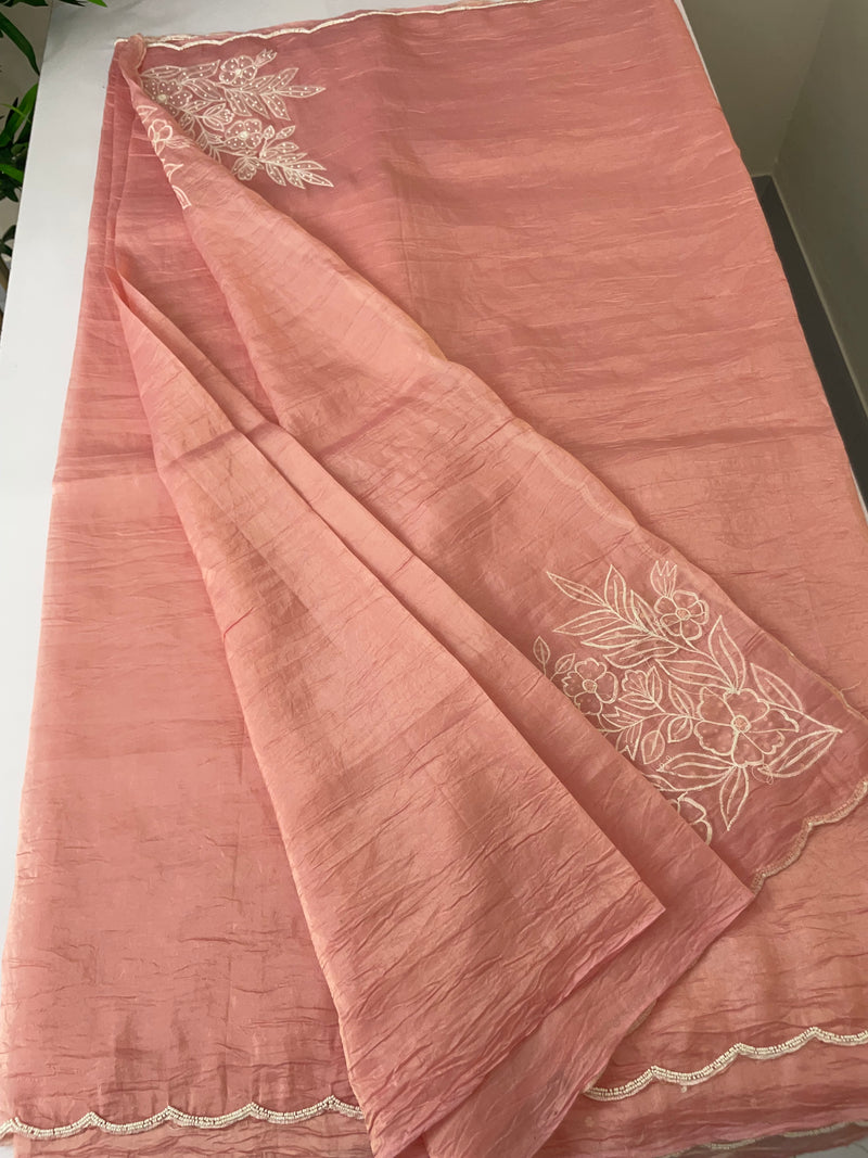 Designer Embroidery Organza Saree with applique work FCAD121 pastel peach