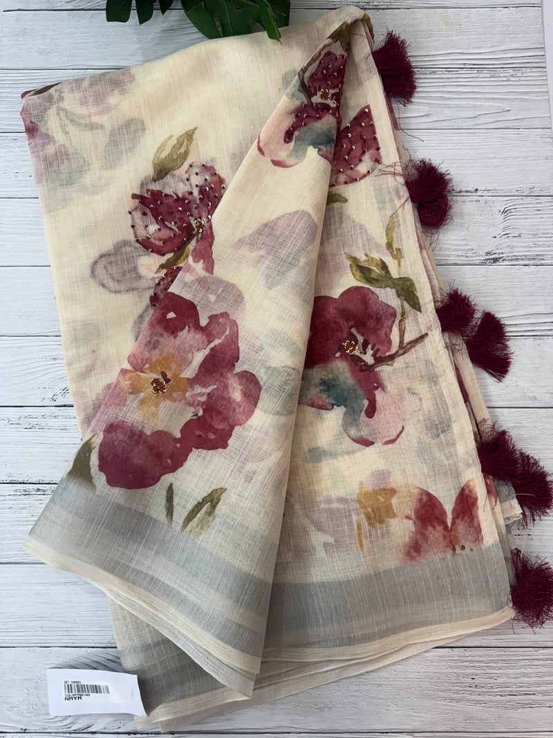 Handworked floral digital printed semi Linen Saree MLS611