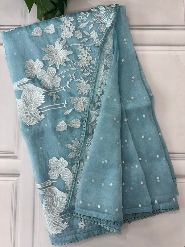 Tissue Organza Applique work saree MS13881 LightBlue