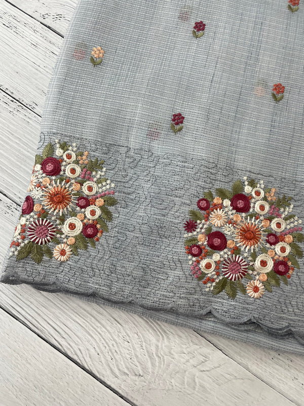 Soft kota silk saree with embroidery MSS678- Pastel BluishGrey