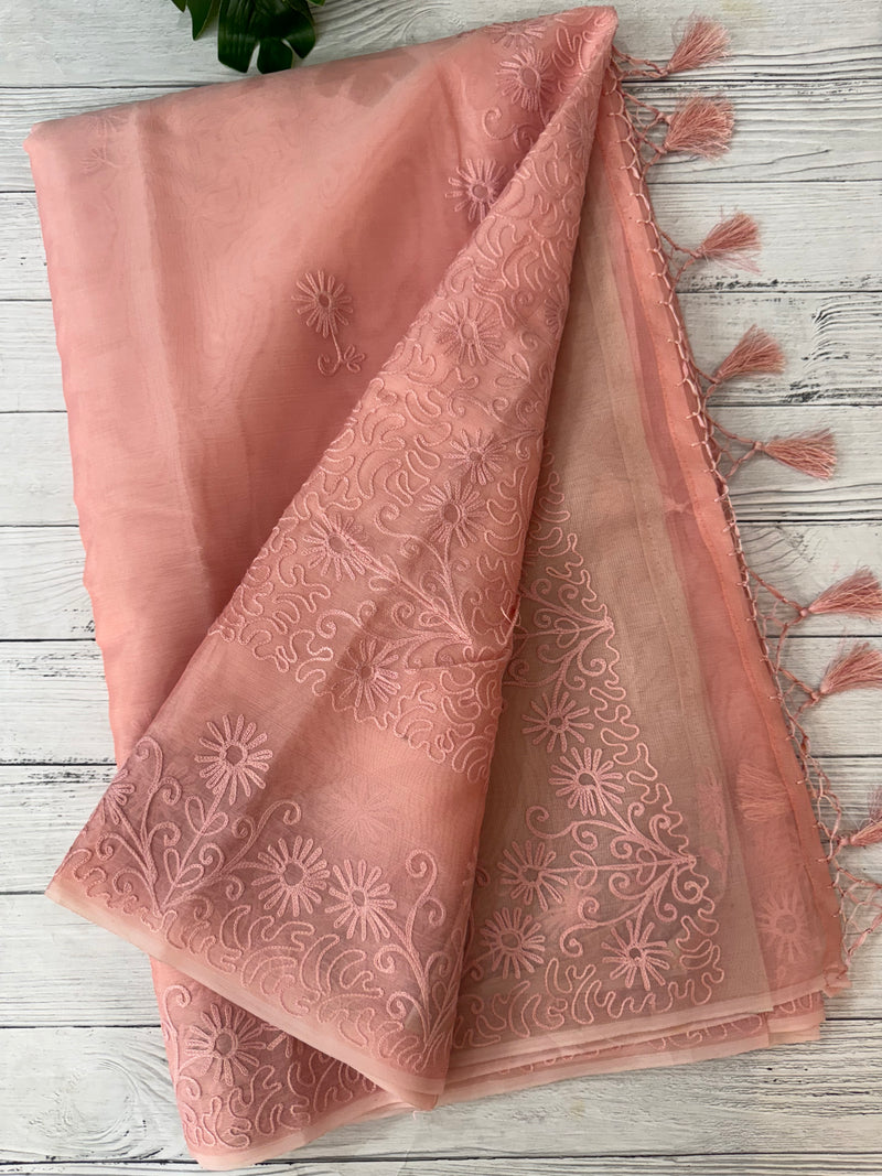 Semi organza saree with lace embroidery MSH117- PastelPeach