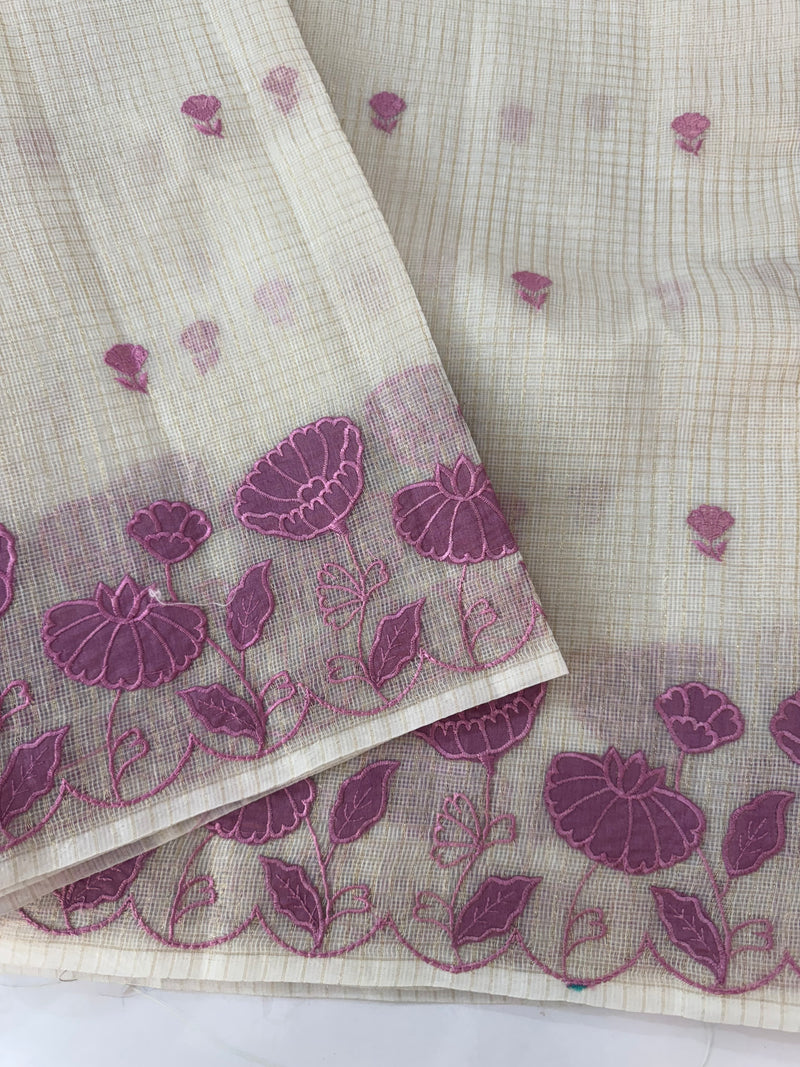 Tissue silk saree with zari checks and applique work  MSH105 -Offwhite to Pinklavender