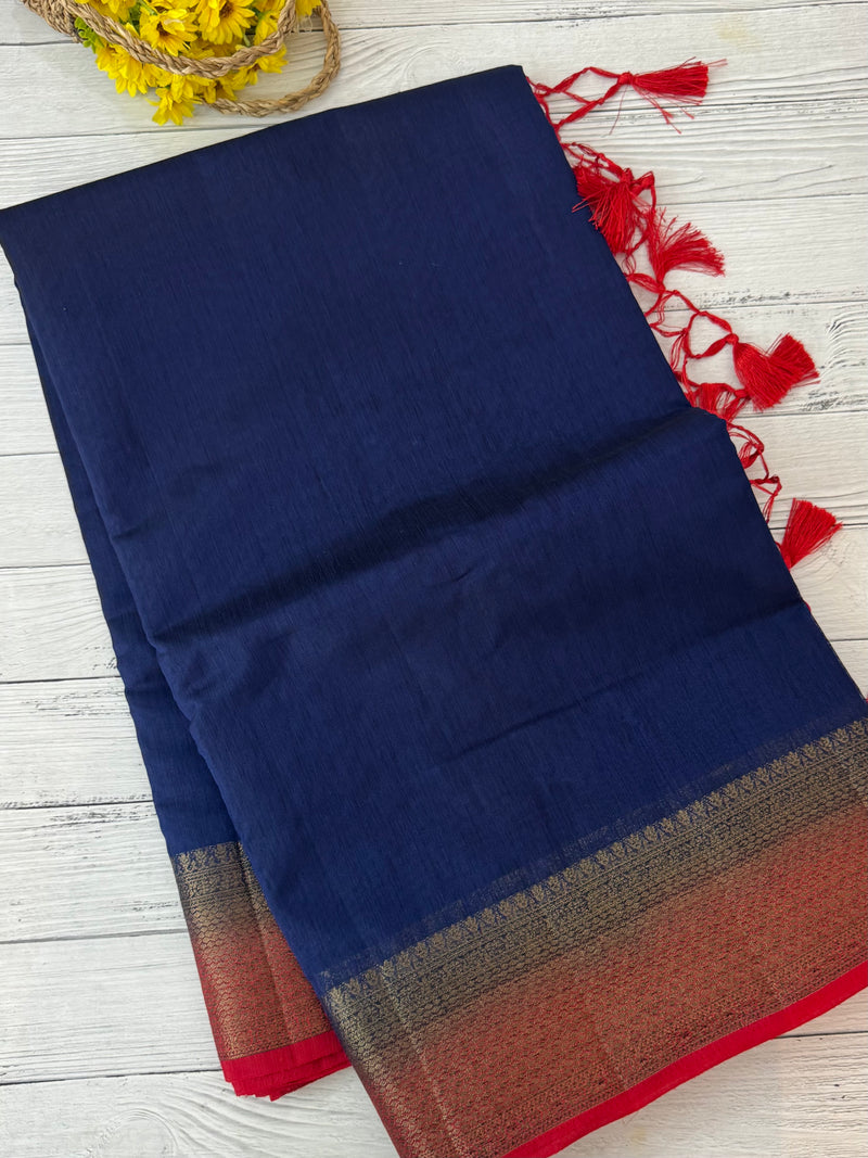 Jute silk sarees with contrast pallu & blouse MJL396- DarkBlue to Red