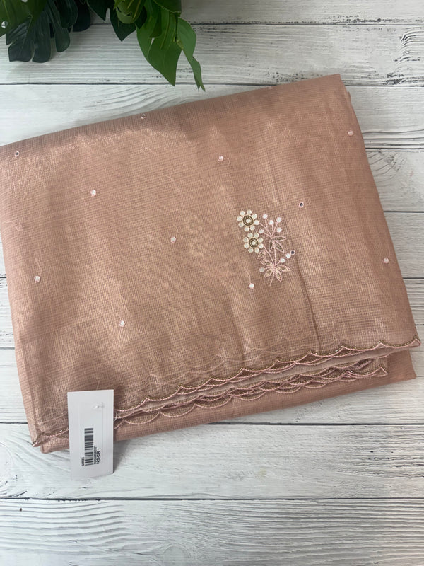 Tissue silk saree with foil work and cutdana scalloped border MTSS432- NudePink