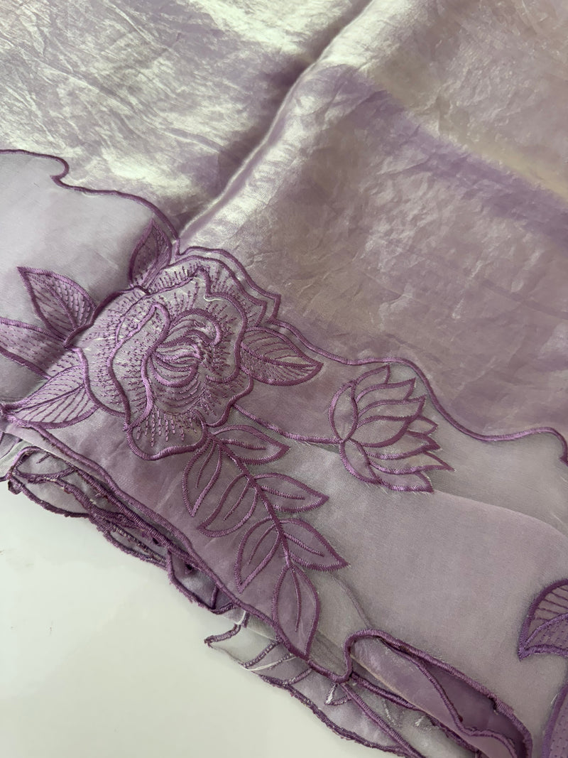 Fancy satin silk organza saree with applique borders MS14207 Lavender