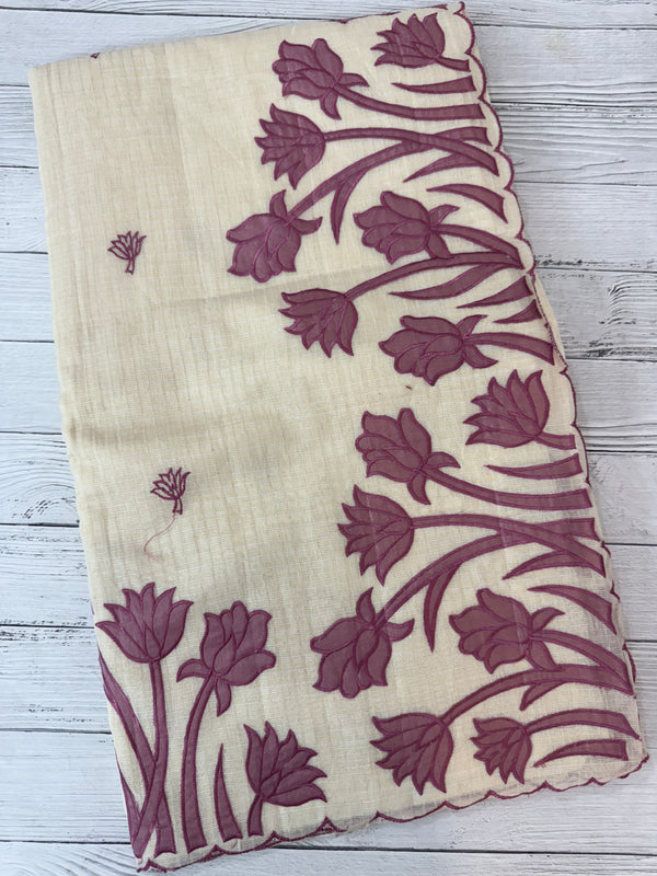 Jute Linen Applique work saree  -MSH128 Offwhite to OnionPink