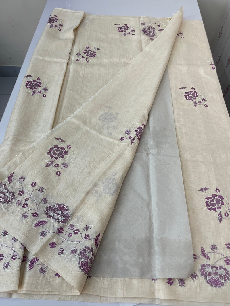 Blended tussar saree with embriodery - MS98765 Cream