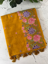 Crushed Blended tussar silk saree with embroidery- SNFCYEY Mustard