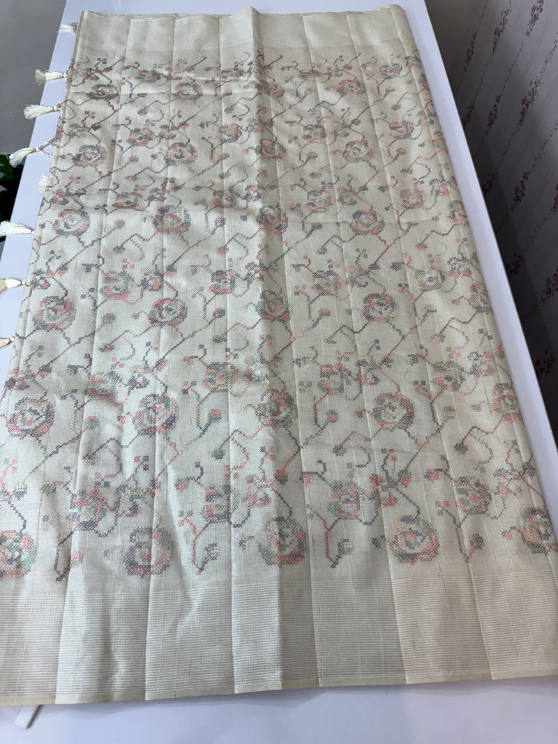 Blended tussar saree with embriodery - MS8665 Cream