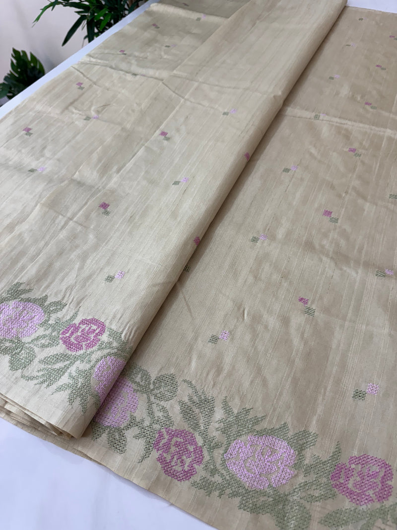 Crepe semi tussar silk saree with cross stitch embroidery - SEFNCCM