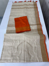 Linen checks saree with zari border MLS9766- Cream & Orange
