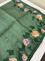 Crushed Blended tussar silk saree with embroidery- MTS355 - JadeGreen