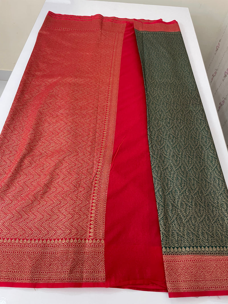 Banarasi semi katan saree with contrast border SHKNTNM - BottleGreen to Red