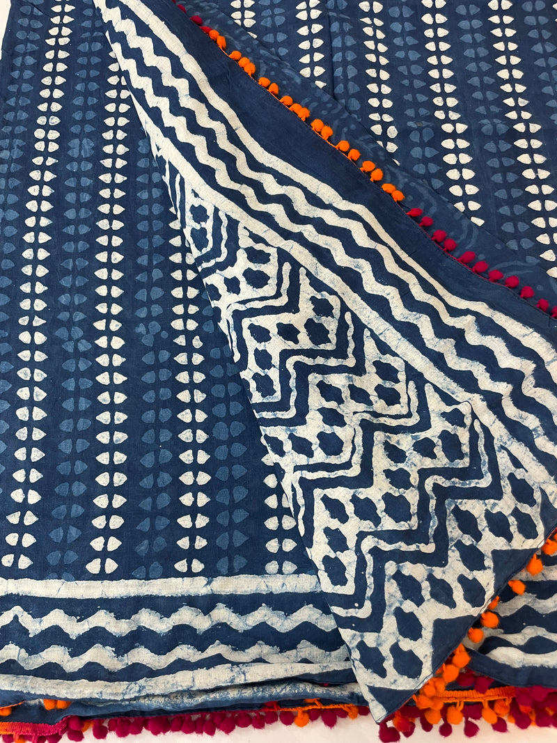 Pure mul cotton hand block printed saree SKSRMY